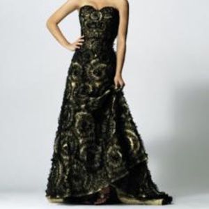 Gorgeous 3-D Tulle Jovani Strapless Gown with Train, Size 2, Black & Cream